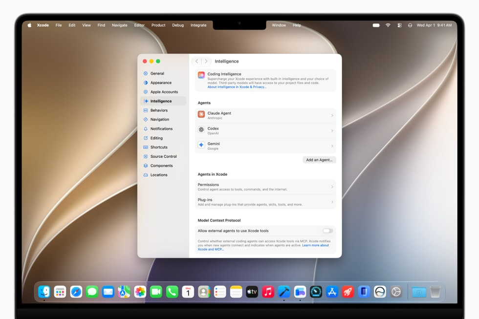 Xcode 27 showing coding agents from Anthropic, Google, and OpenAI with side-by-side code previews