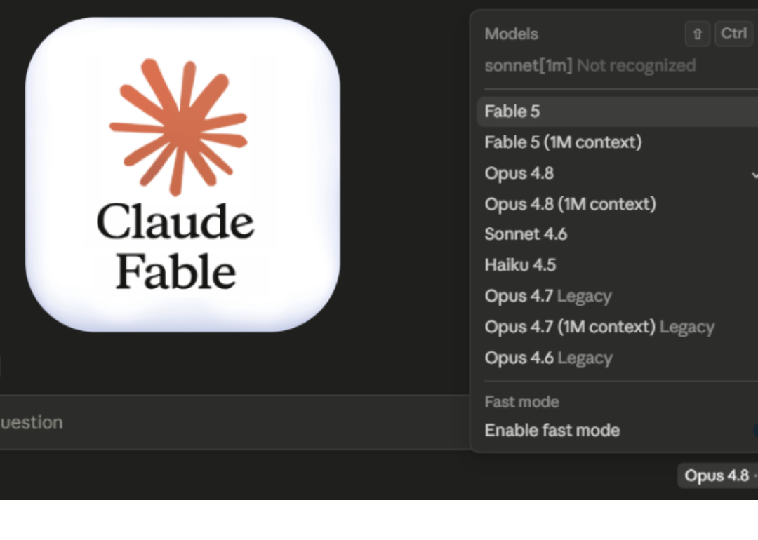 A model picker listing Claude Fable 5, Fable 5 1M context, and Opus 4.8 with Opus 4.8 selected