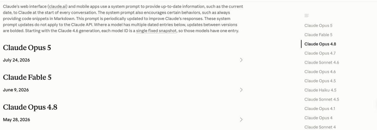 Anthropic docs page showing the system prompts disclaimer and the Claude Opus 5 entry dated July 24, 2026