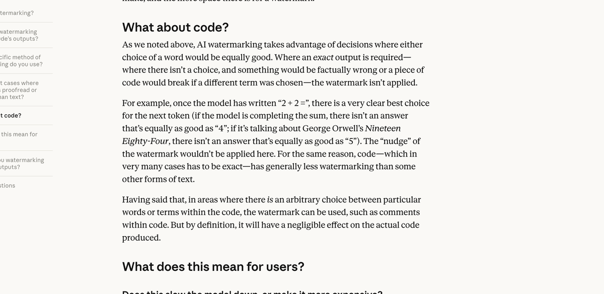 Official Anthropic FAQ section 'What about code?' stating that exact tokens skip the watermark, code has generally less watermarking, and comments can carry it with a negligible effect on the code itself.