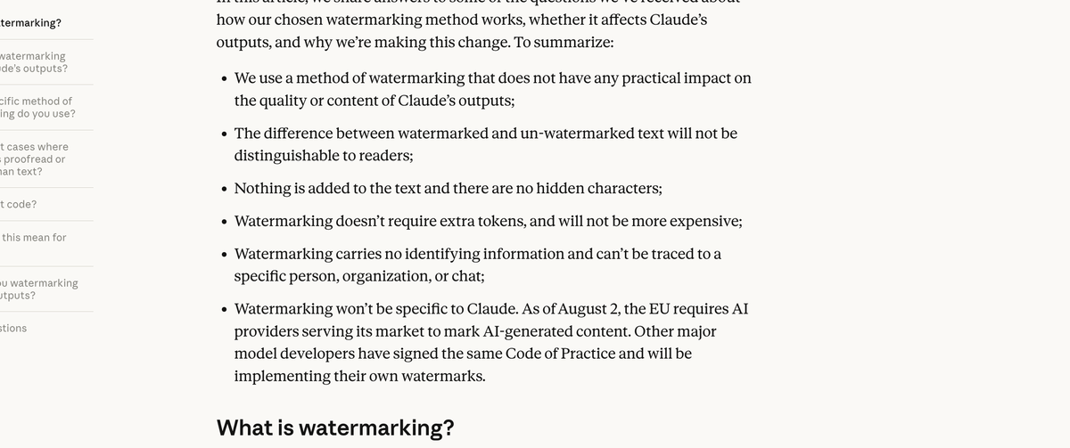 Official Anthropic FAQ summary: no quality impact, not visible to readers, no hidden characters, no extra tokens or cost, no user identity, and other labs will add their own watermarks under the EU rule from August 2.