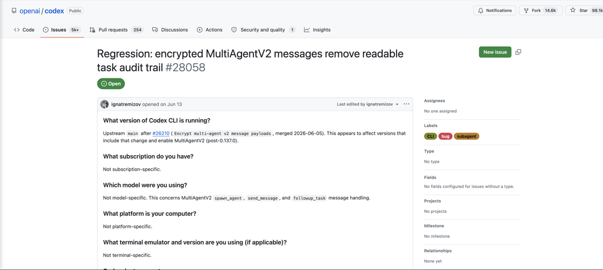 GitHub issue #28058 'Regression: encrypted MultiAgentV2 messages remove readable task audit trail', open, filed against openai/codex