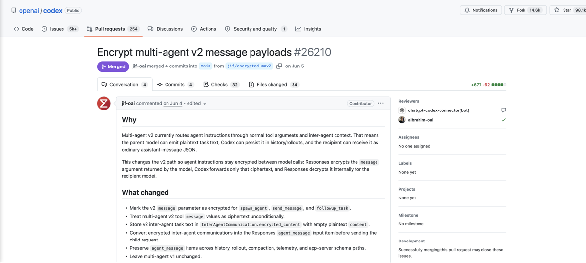 GitHub PR #26210 'Encrypt multi-agent v2 message payloads', merged by jif-oai, +677/-62 across 34 files, with the Why and What changed sections listed