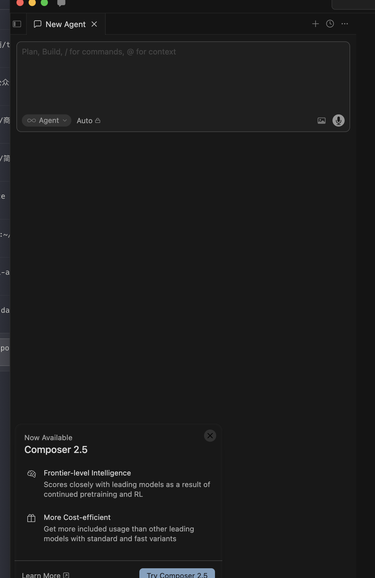 Cursor 3.4 with a freshly opened project showing the 'Now Available: Composer 2.5' onboarding card with Frontier-level Intelligence and More Cost-efficient bullet points and a Try Composer 2.5 button