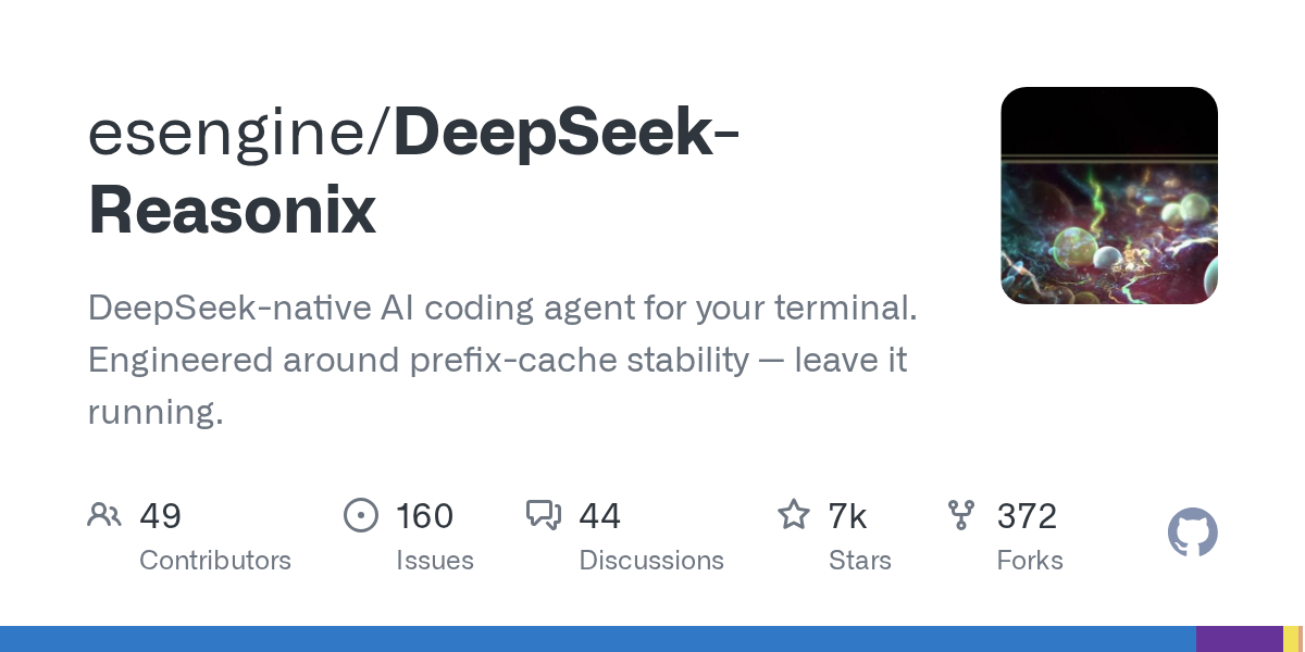esengine/DeepSeek-Reasonix GitHub repository card showing 7k stars, 49 contributors, 160 issues, 44 discussions