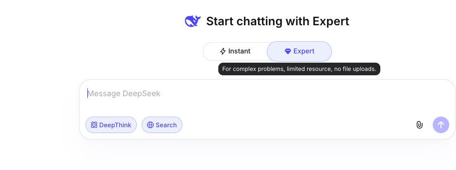 DeepSeek Chat switching from Instant to Expert mode, with tooltip explaining 'For complex problems, limited resource, no file uploads'