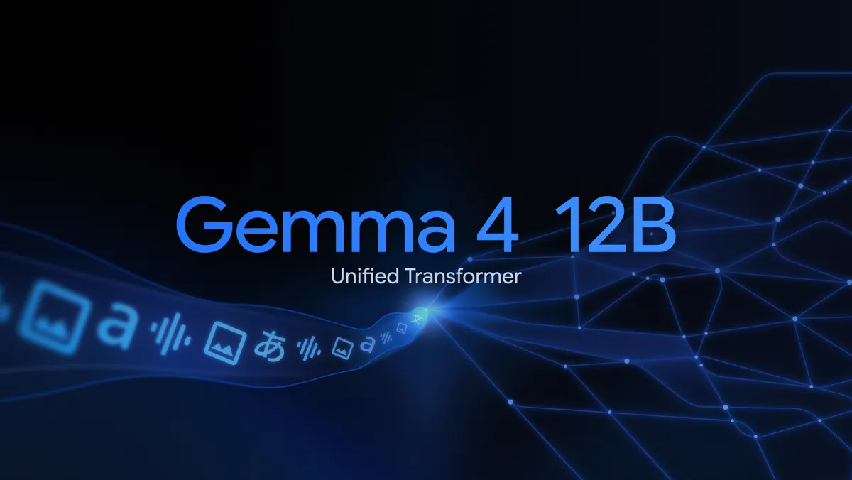 Gemma 4 12B 'Unified Transformer' brand visual with text, image, and audio modality icons feeding one model