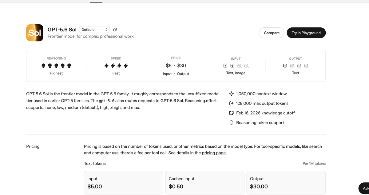 OpenAI Developers model page for GPT-5.6 Sol showing PRICE $5 · $30 and a text-token table of Input $5.00, Cached input $0.50, Output $30.00, retrieved August 18, 2026.