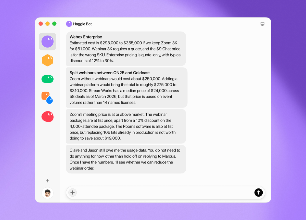Official xAI illustration of Haggle Bot comparing webinar platform prices against a renewal quote