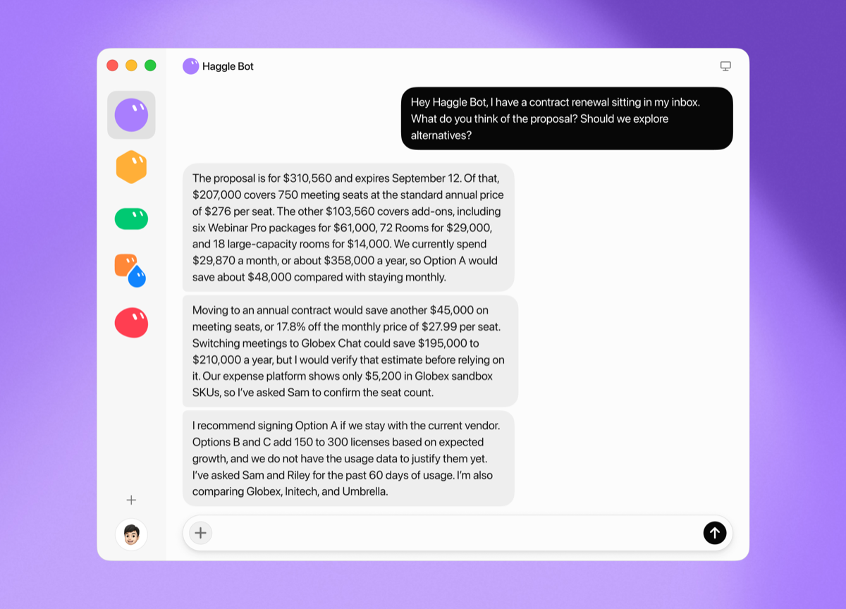Official xAI illustration of Haggle Bot reviewing a contract renewal proposal against current spend
