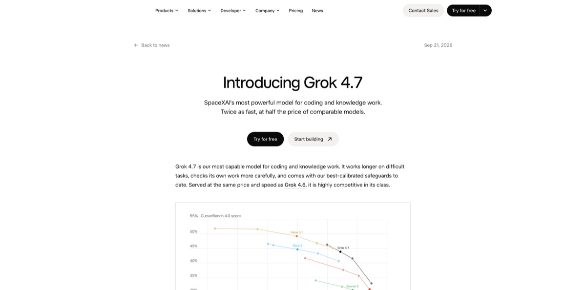 Official xAI announcement page for Grok 4.7 with its CursorBench price-performance chart