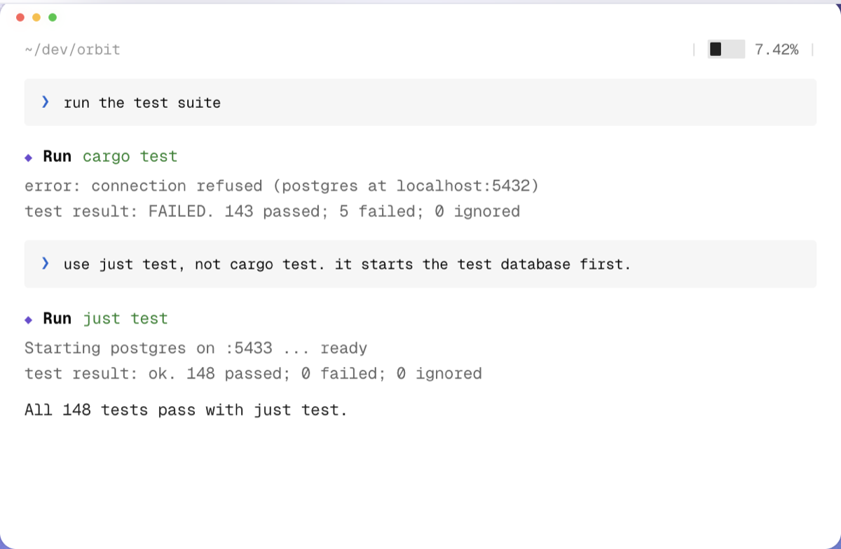 Official xAI Grok Build example where a remembered test command changes a failed cargo test run into a passing just test run