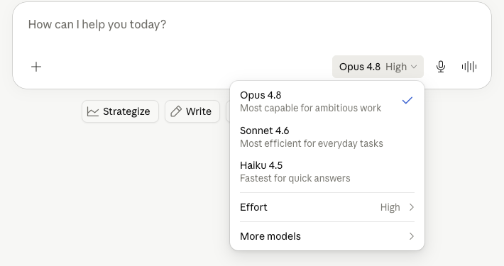 The claude.ai model picker open, showing Opus 4.8 selected with a checkmark, alongside Sonnet 4.6, Haiku 4.5, an Effort submenu set to High, and a More models option