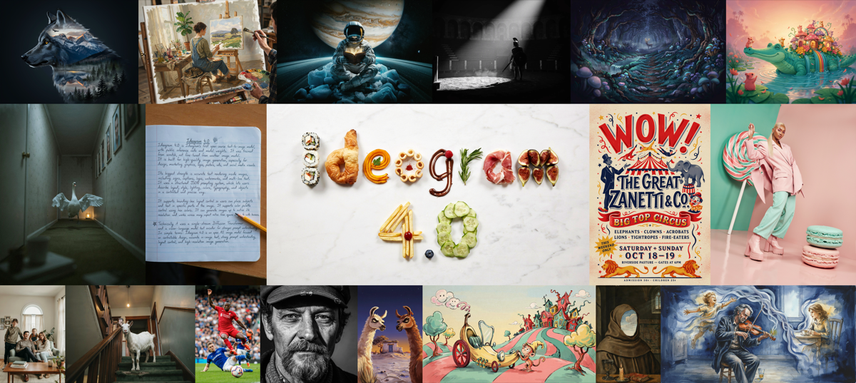 Collage of Ideogram 4.0 generated images — posters, typography, photoreal scenes, and illustrations
