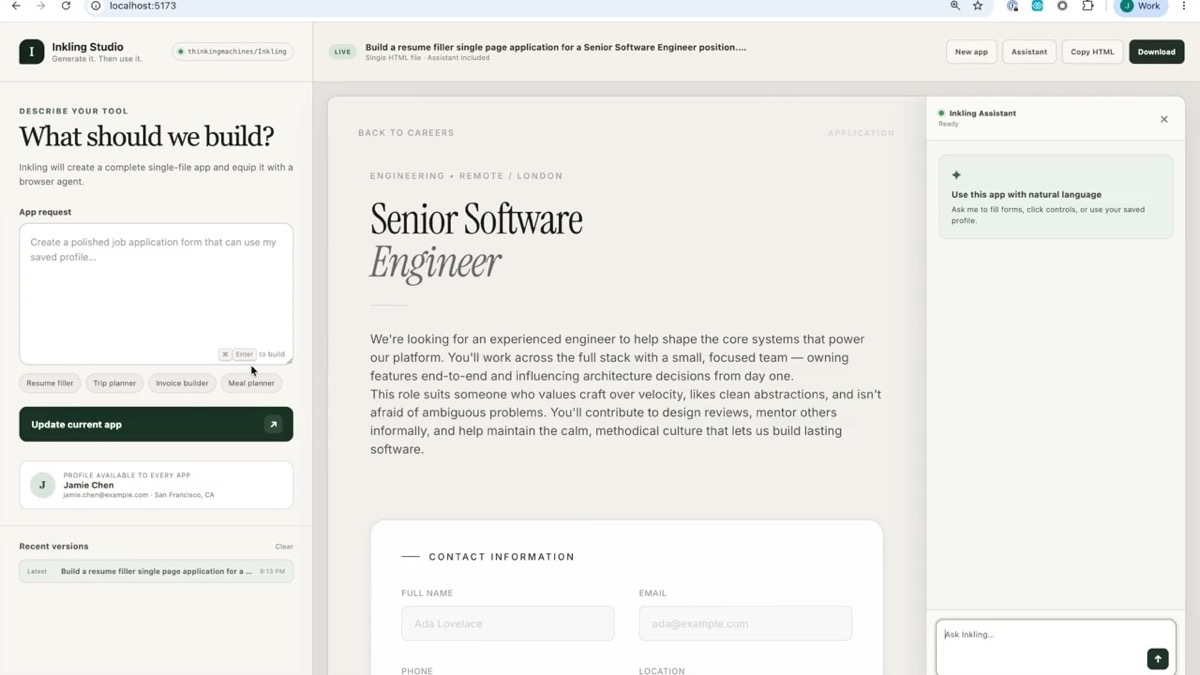 Inkling agentic web-development demo output shown on the Thinking Machines Lab announcement page