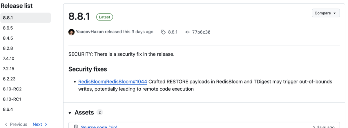 GitHub releases page for redis/redis showing 8.8.1 as latest with a security fix, and the release list sidebar listing 8.8.1, 8.6.5, 8.4.5, 8.2.8, 7.4.10, 7.2.15 and 6.2.23