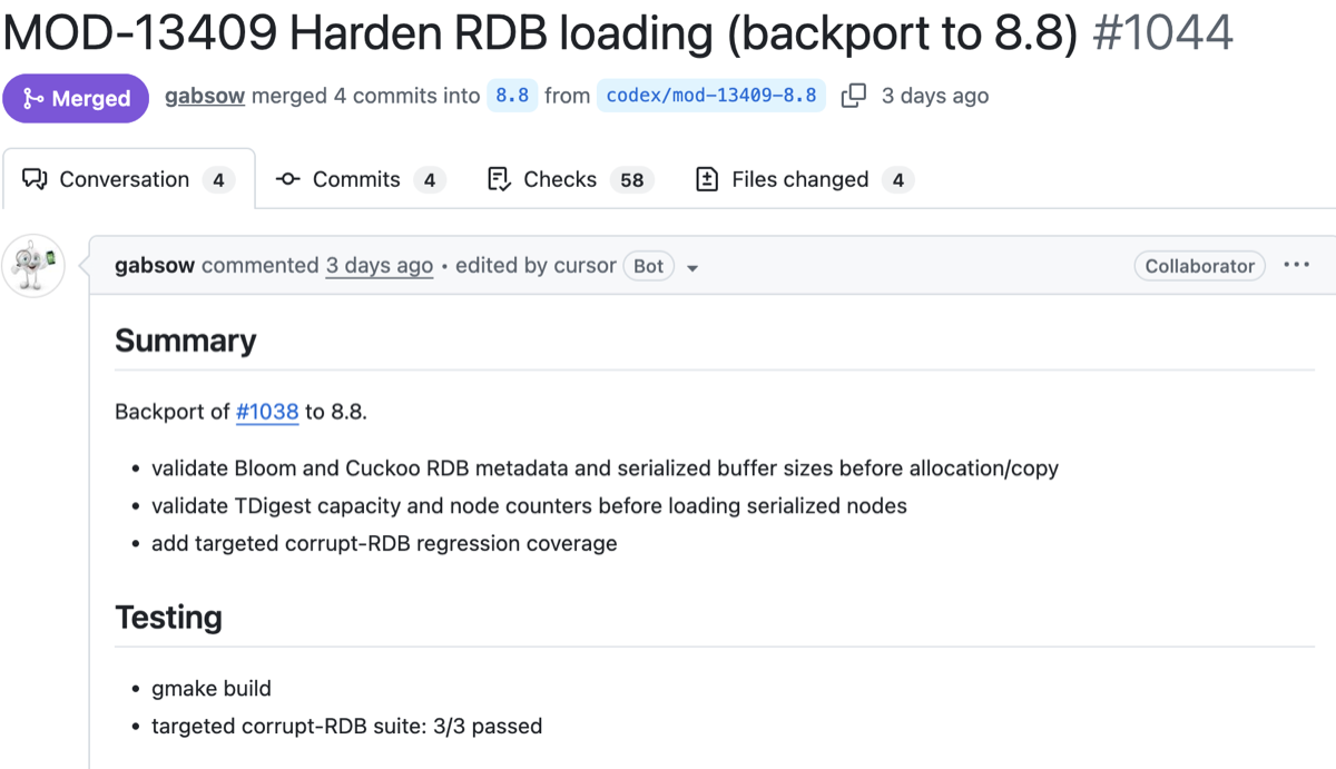 Merged RedisBloom pull request 1044, MOD-13409 Harden RDB loading, listing validation of Bloom and Cuckoo RDB metadata, TDigest capacity and node counters, plus corrupt-RDB regression coverage