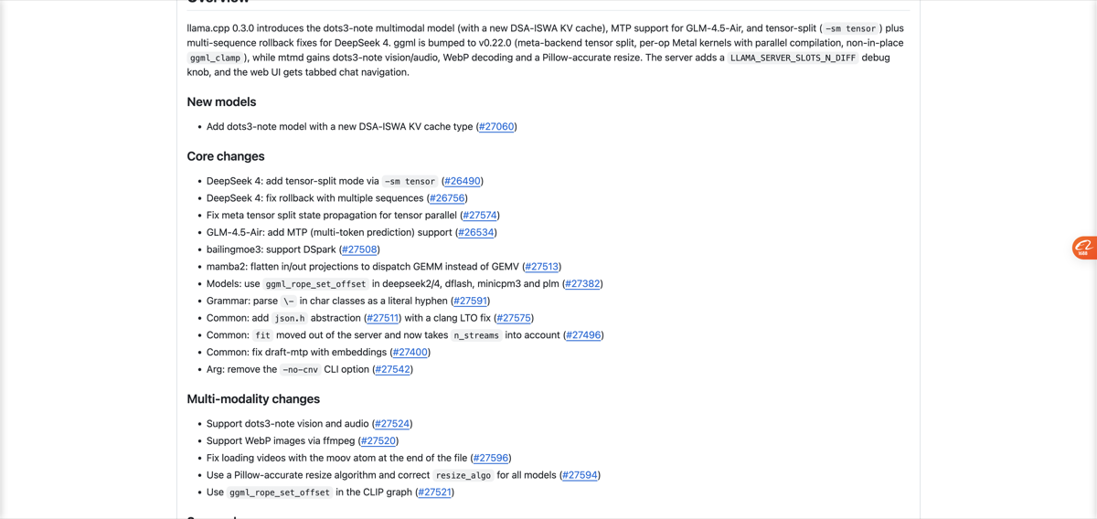 Official GitHub release notes for llama.cpp v0.3.0 listing DeepSeek 4 tensor split mode, multiple-sequence rollback fix, and GLM-4.5-Air MTP support.