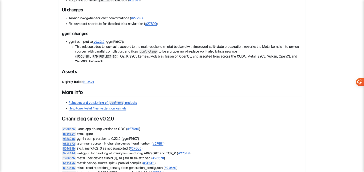 Official llama.cpp v0.3.0 release page showing ggml v0.22.0 changes, Metal per-operation source split with parallel compilation, and the version changelog.