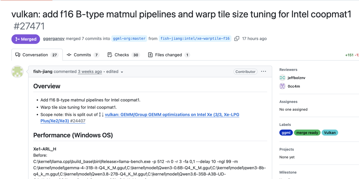 Official llama.cpp pull request overview for the Intel coopmat1 Vulkan optimization merged into b10870.