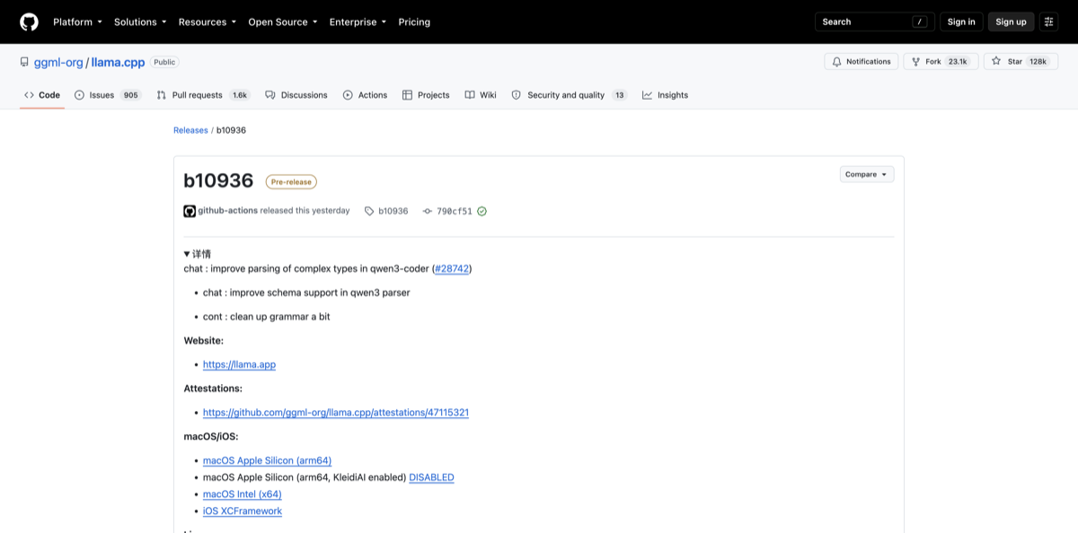 Official GitHub release page for llama.cpp b10936, listing improved schema support in the Qwen3 parser.