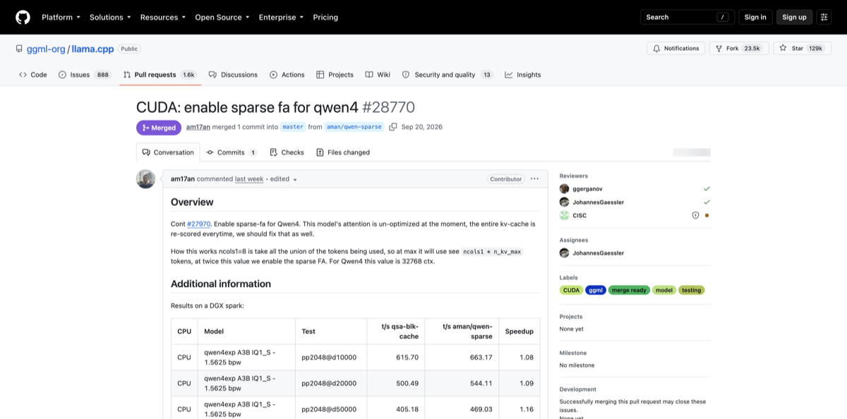 Official GitHub pull request for llama.cpp Qwen4 sparse Flash Attention, including the long-context throughput table.