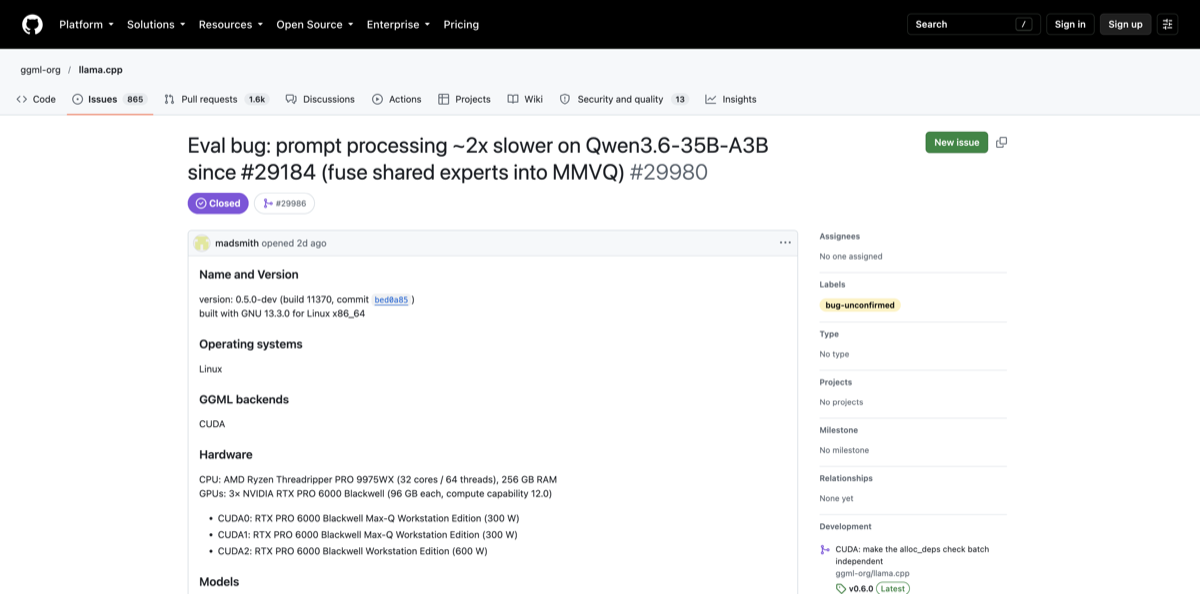 Official llama.cpp GitHub issue documenting the Qwen3.6 prompt processing performance regression on CUDA.