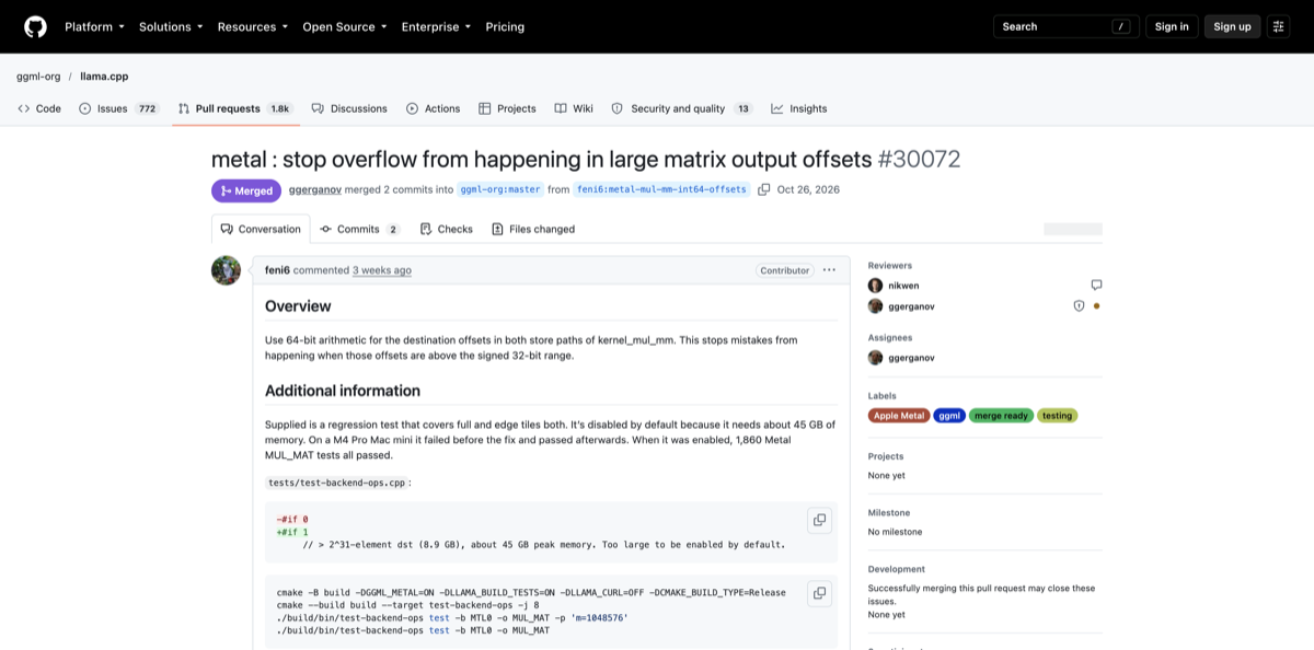 Official llama.cpp pull request 30072 documenting the Metal matrix output offset overflow and regression test.