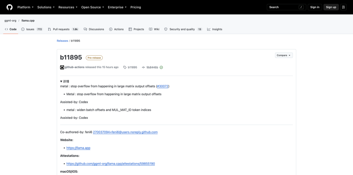 Official GitHub release page for llama.cpp b11895 listing the Metal large-matrix output-offset fix.