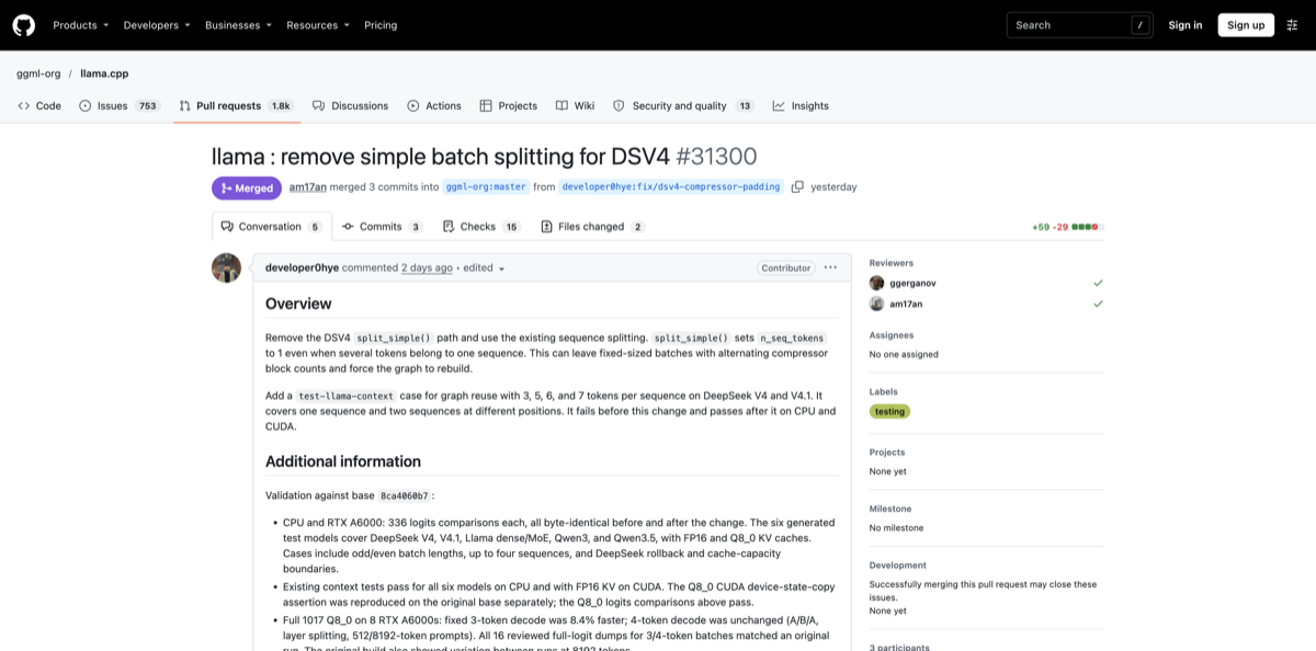 Official llama.cpp pull request 31300 describing the DSV4 compressor padding issue and graph reuse regression test.