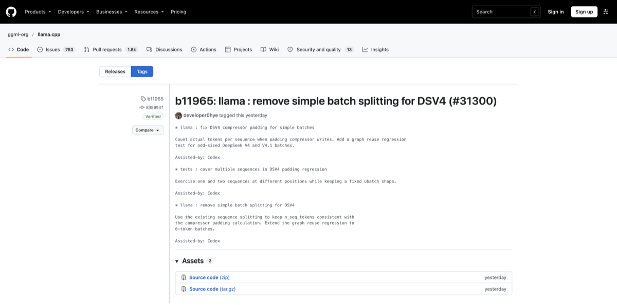 Official GitHub release page for llama.cpp b11965, whose title names the DeepSeek V4 batch-splitting change.