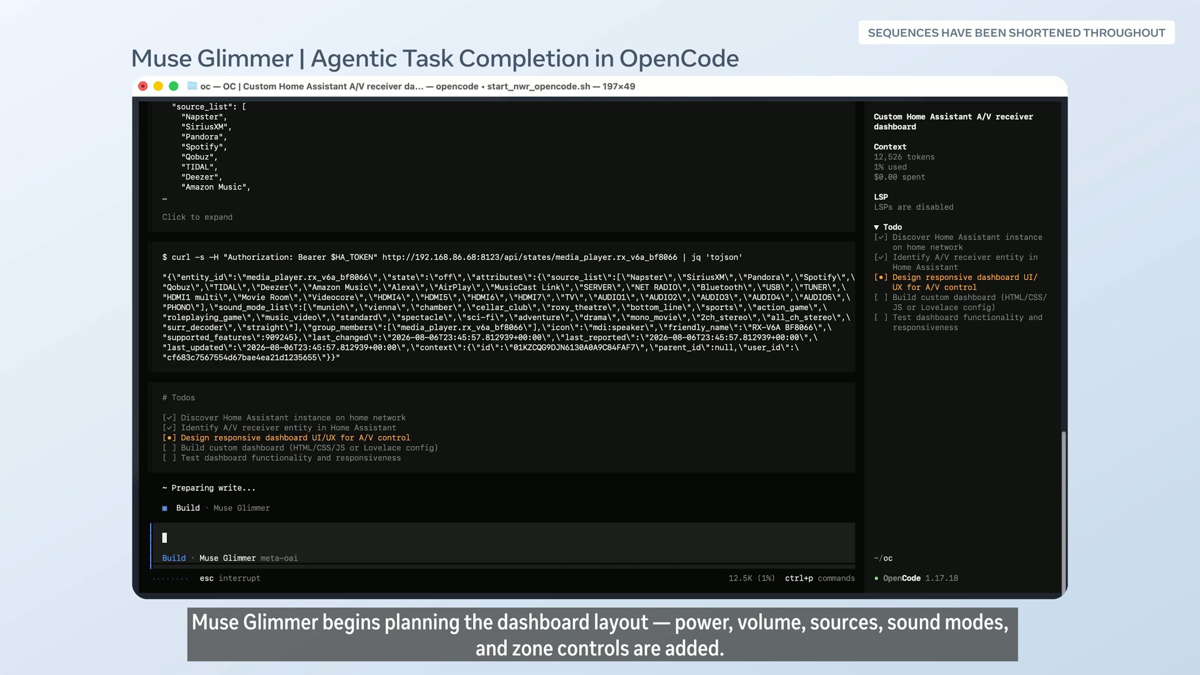 Screenshot of Muse Glimmer running an agentic task in the OpenCode TUI: it discovers a Home Assistant instance, identifies an A/V receiver entity, and works through a todo list toward building a custom dashboard, using 12,526 context tokens at $0.00 spent.