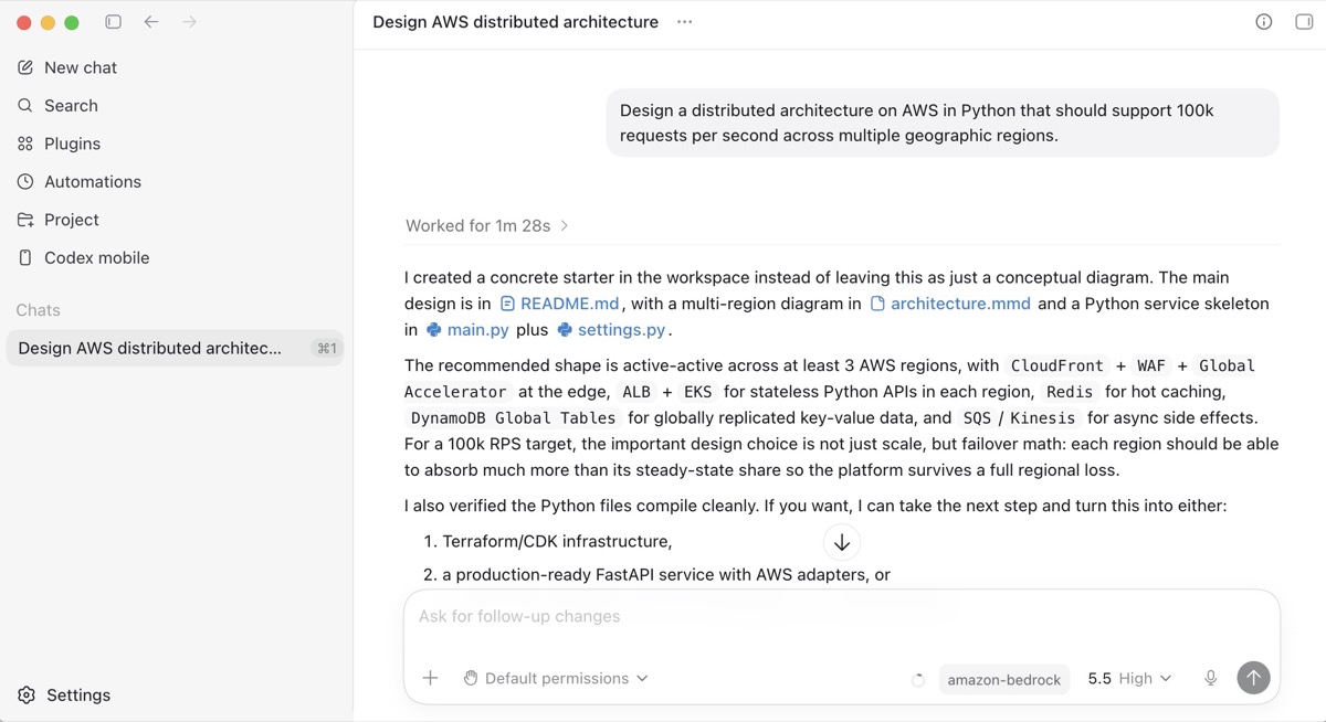 Codex desktop app designing an AWS architecture, with the model selector set to amazon-bedrock and GPT-5.5 High