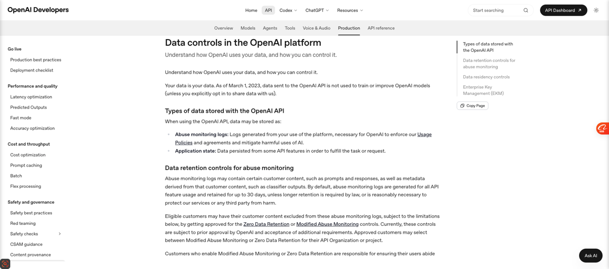 OpenAI official data-controls documentation showing that Zero Data Retention is approval-only and that the Responses API store parameter is forced false.