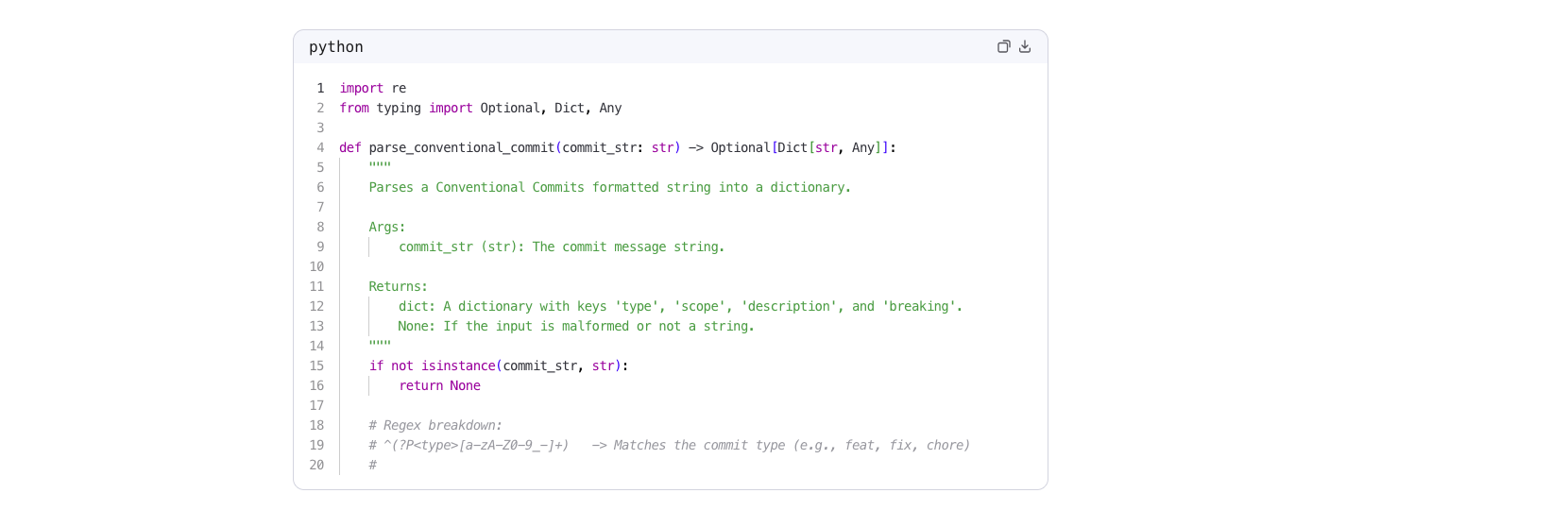 Qwen3.7-Max returns a Python function with re module, Optional/Dict/Any type hints, full docstring, and isinstance type guard