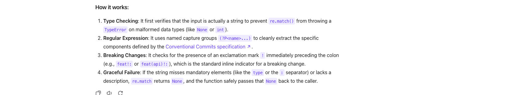 Qwen3.7-Max's How it works section explaining type checking, named capture groups, breaking-change detection, and graceful failure