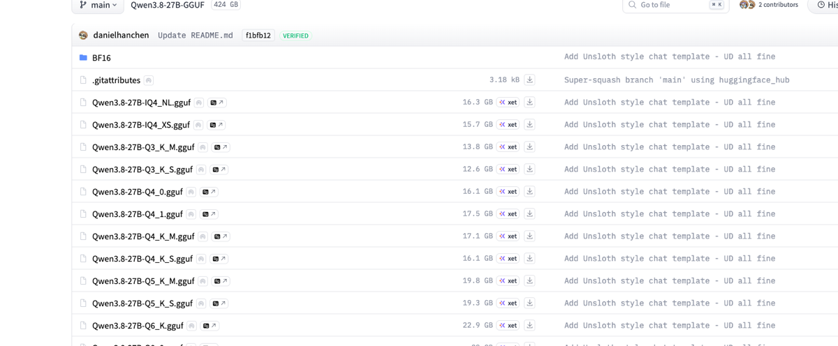 Hugging Face file listing for unsloth/Qwen3.8-27B-GGUF showing Q4_K_M at 17.1 GB, Q4_0 at 16.1 GB, and Q6_K at 22.9 GB.