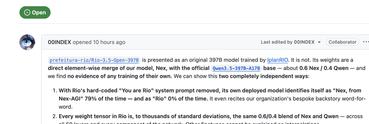 GitHub issue titled 'Rio-3.5-Open-397B ≈ 0.6 x Nex-N2_pro + 0.4 x Qwen' arguing the model is a merge with no original training