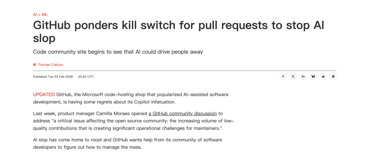 The Register headline: GitHub ponders kill switch for pull requests to stop AI slop