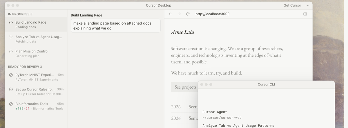 The Cursor Desktop app showing its agent task queue on the left and an in-progress coding session, with a Cursor CLI window in the corner